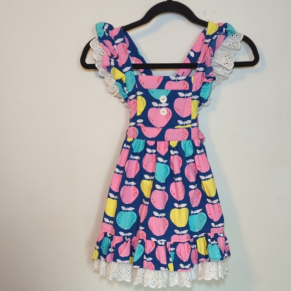 Eleanor Rose Dolly Dress Colorful Apple Print Eyelet Ruffles Girls Size 5-6 - Picture 1 of 5